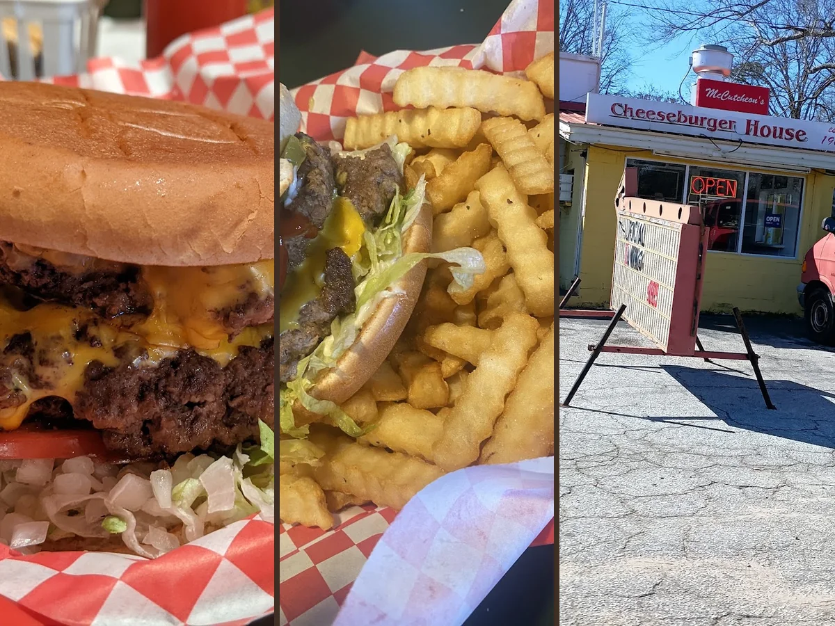 Burgers and salads on a casual restaurant table.